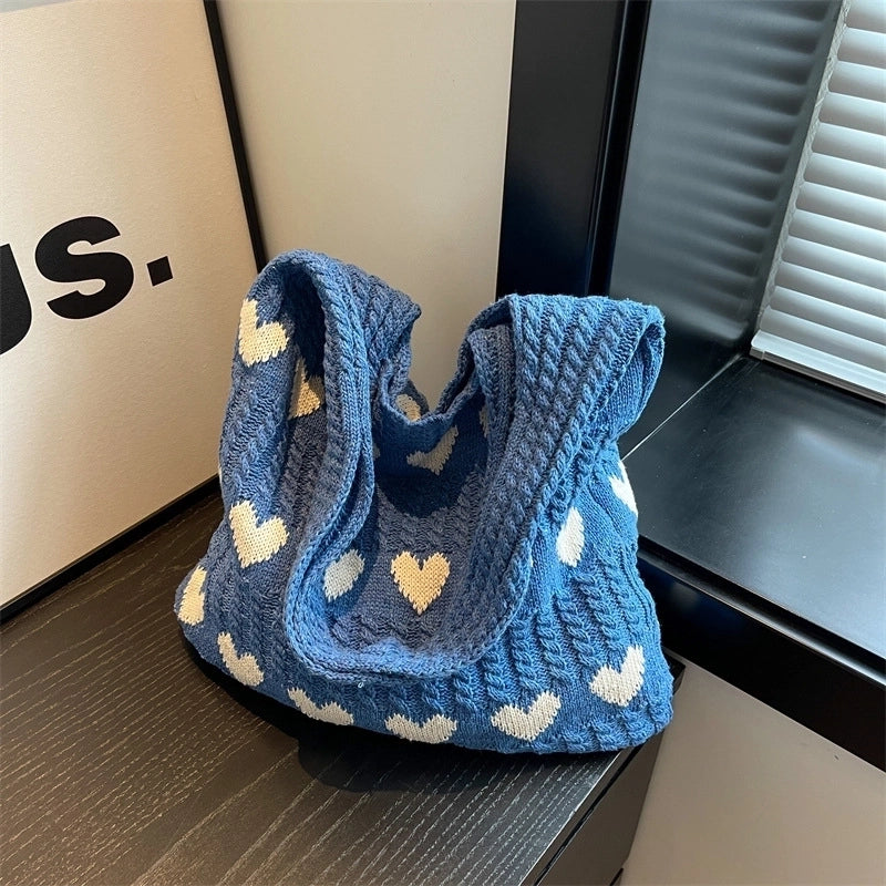 Women's Medium Knit Heart Shape Basic Classic Style Bucket Open Shoulder Bag