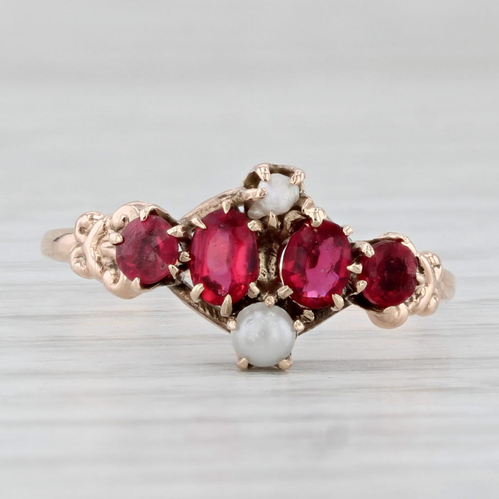 Victorian Antique Ring 8k Rose Gold Pearl Simulated Pearls Glass Size 7