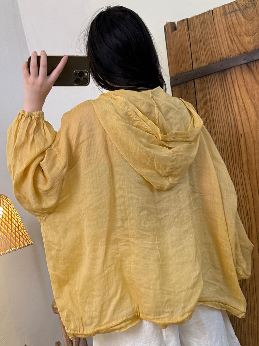 Women Summer Artsy Pure Color 100%Ramie Hooded Shirt