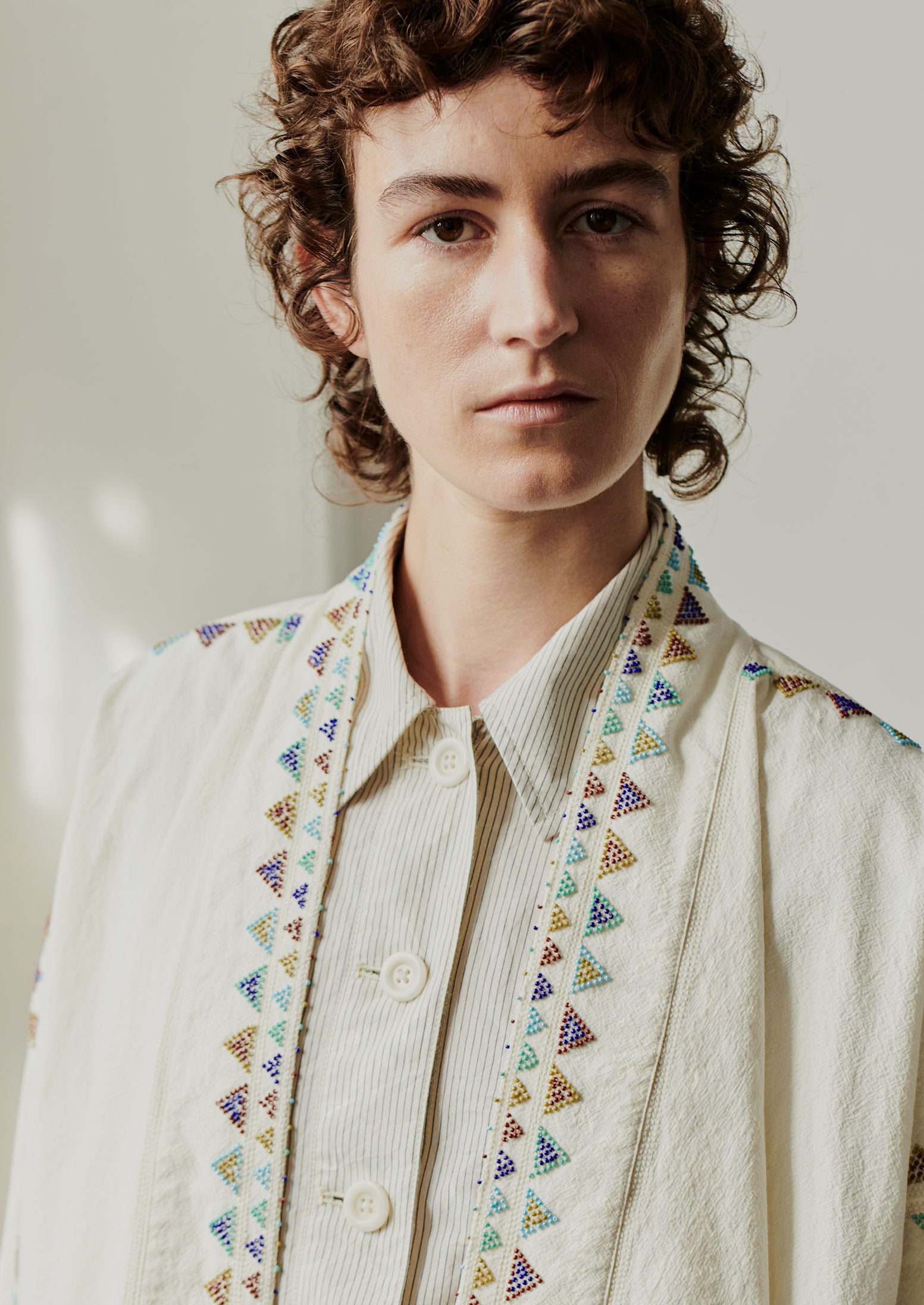Hand Beaded Cotton Wrap Jacket | Chalk