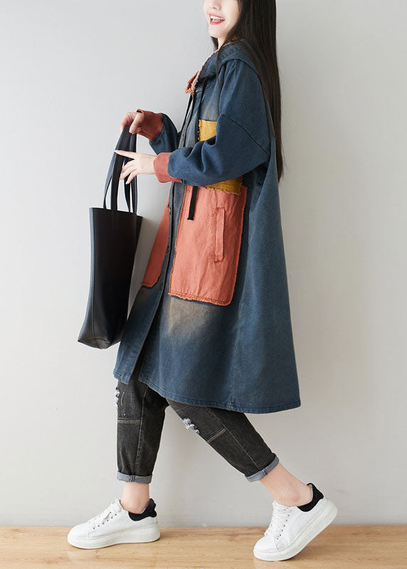 vintage Blue pockets Patchwork Hooded coats Spring