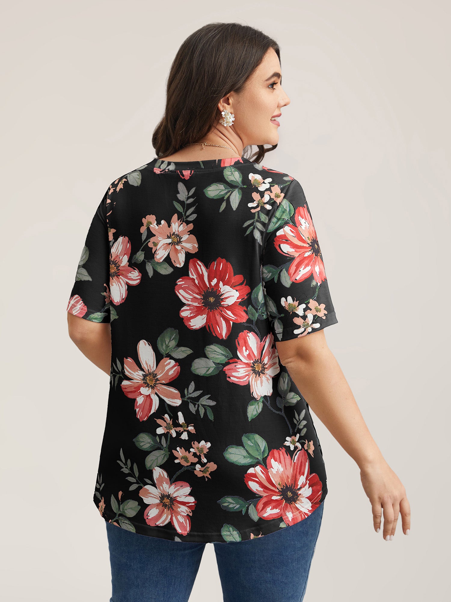 Multi-Color Floral Print V-Neck T-Shirt