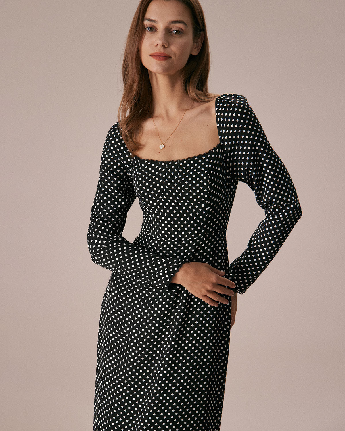 The Black Square Neck Polka Dot Maxi Dress