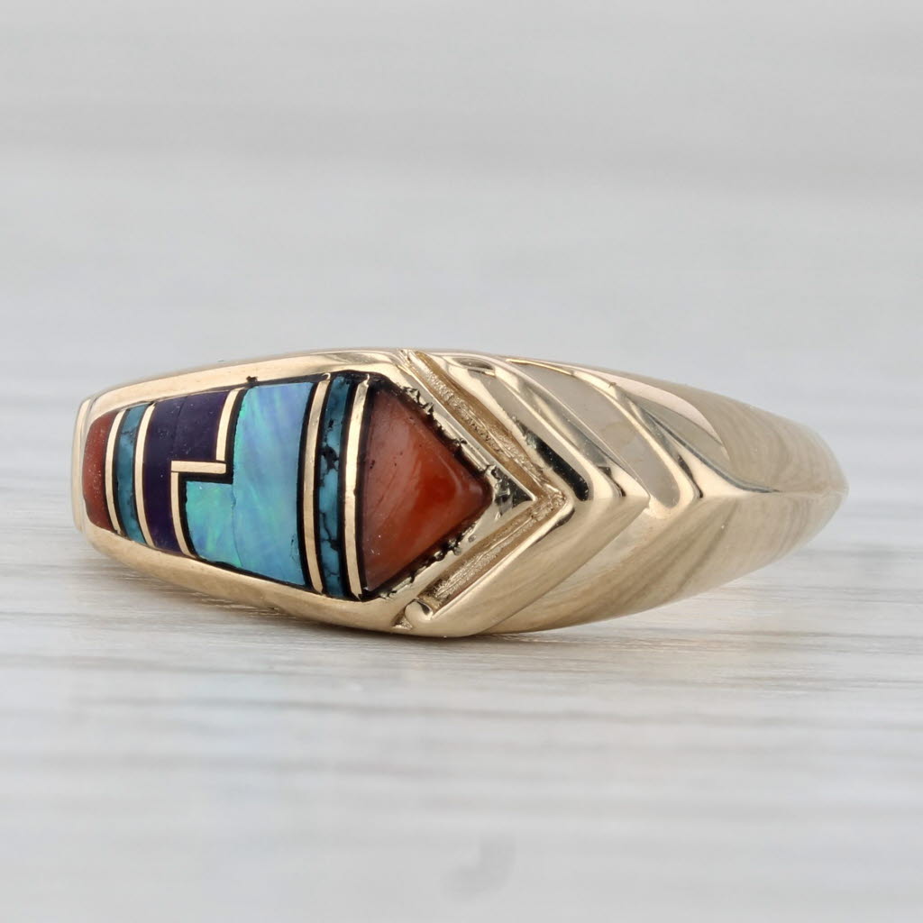 Stone Mosaic Ring 14k Yellow Gold Size 6.75 Coral Turquoise Opal Sugilite Resin