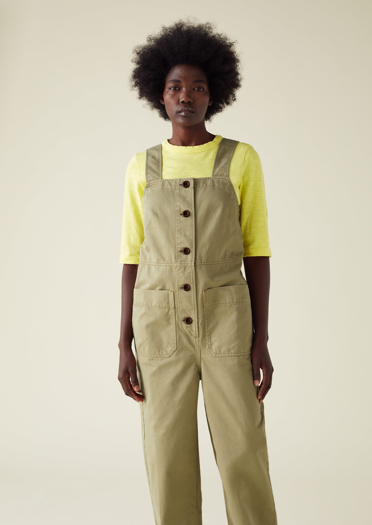 Herringbone Cotton Dungarees | Stone