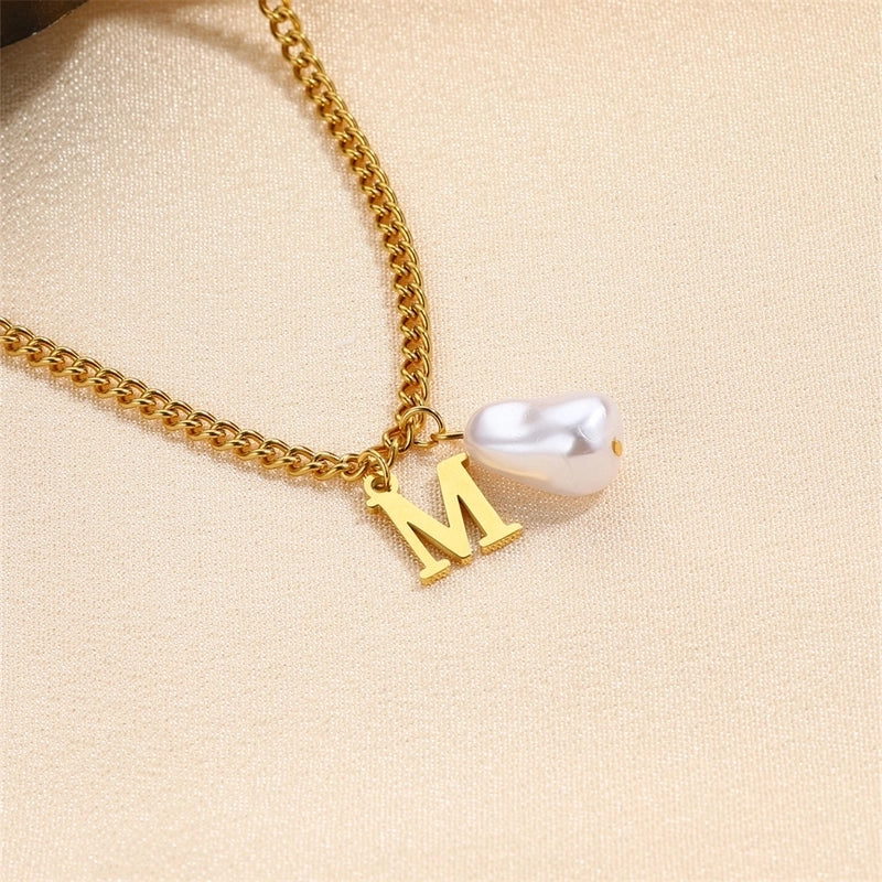 304 Stainless Steel Titanium Steel IG Style Minimalist Pearl Letter Pendant Necklace