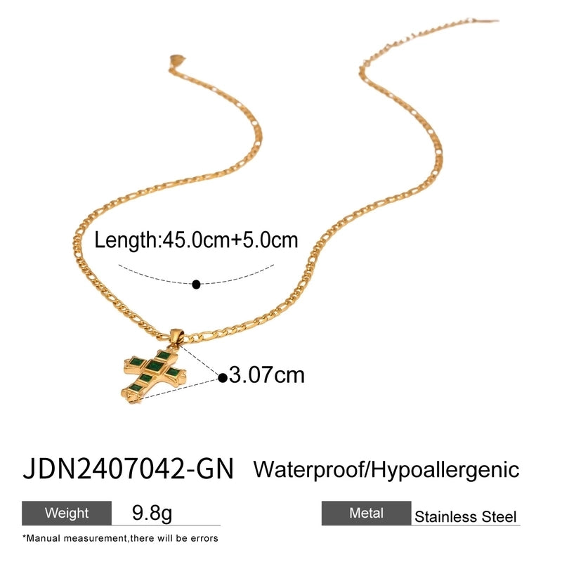 Minimalist Classic Style Cross 304 Stainless Steel Natural Stone Rhinestones Zircon 18K Gold Plated Pendant Necklace