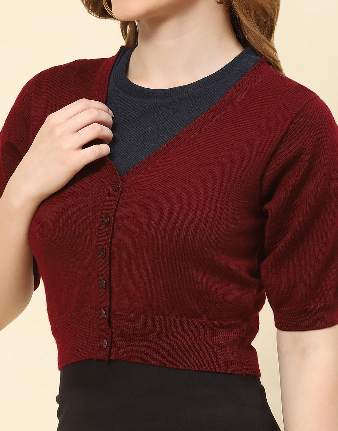 Women Maroon Solid V Neck Half Sleeve Blouse