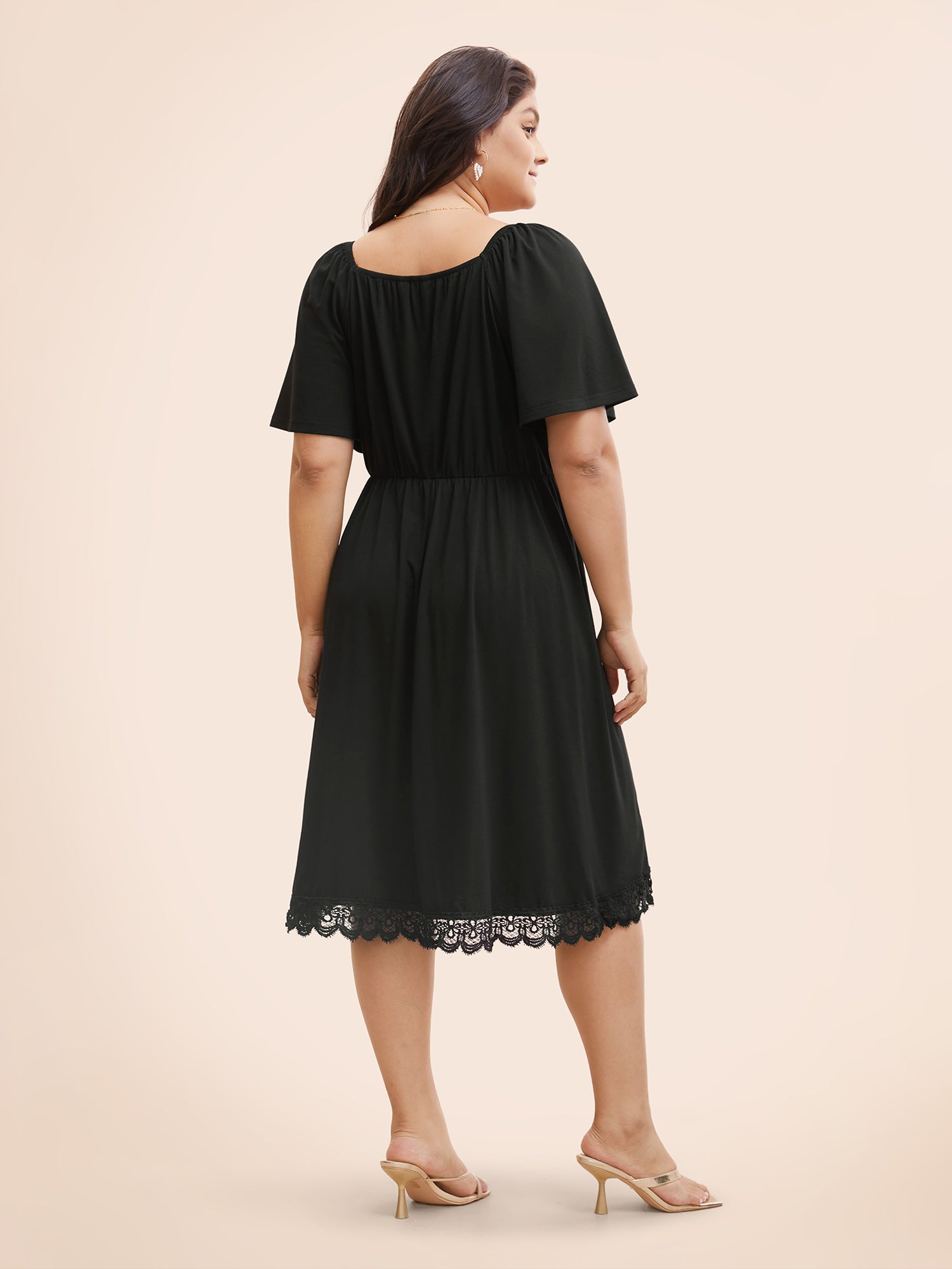 Plain Lace Insert Gathered Square Neck Dress