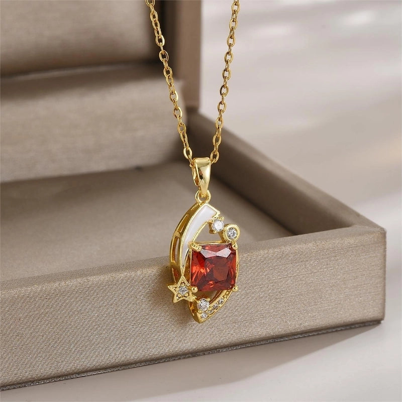 Elegant Minimalist Leaf Flower Bow Knot Titanium Steel Zircon Plating Pendant Necklace