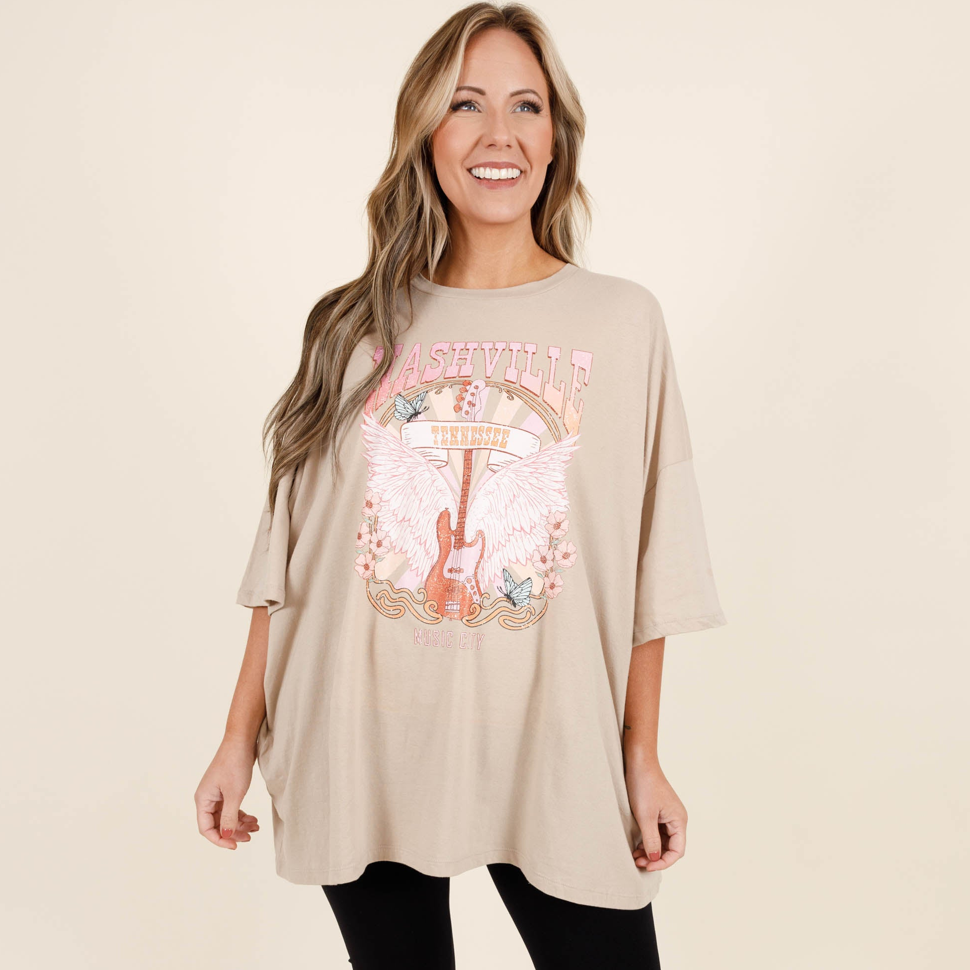 Night In Nashville Boyfriend Tee. Light Mocha