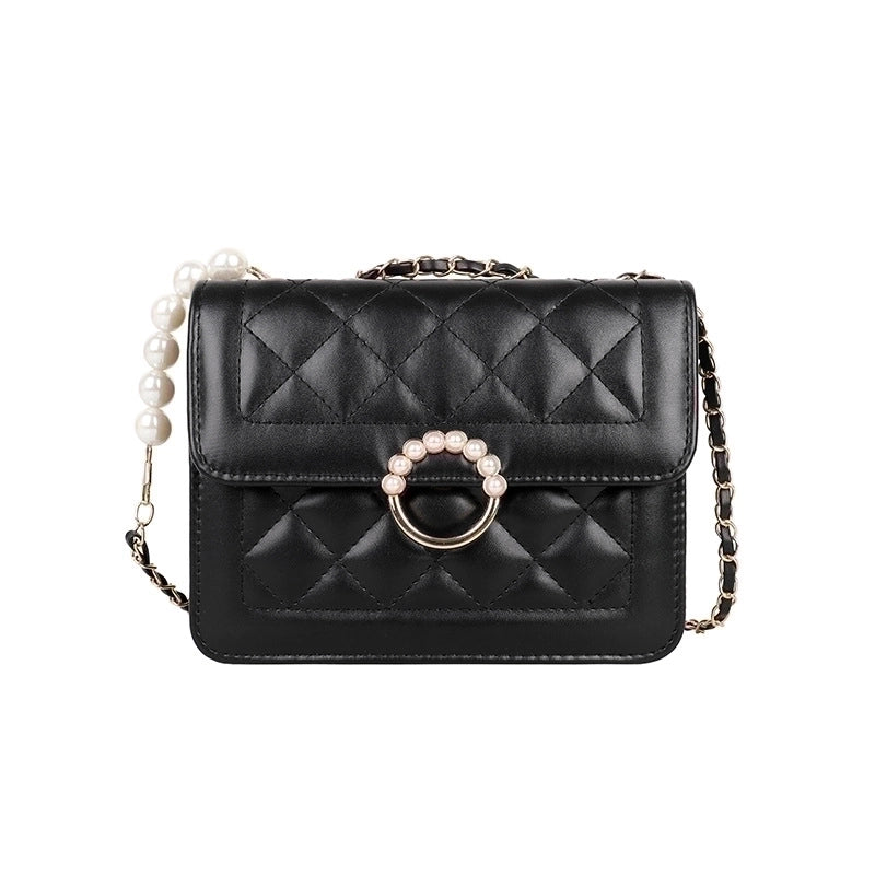 Women's Small Pu Leather Lingge Fashion Pearl Square Magnetic Buckle Crossbody Bag