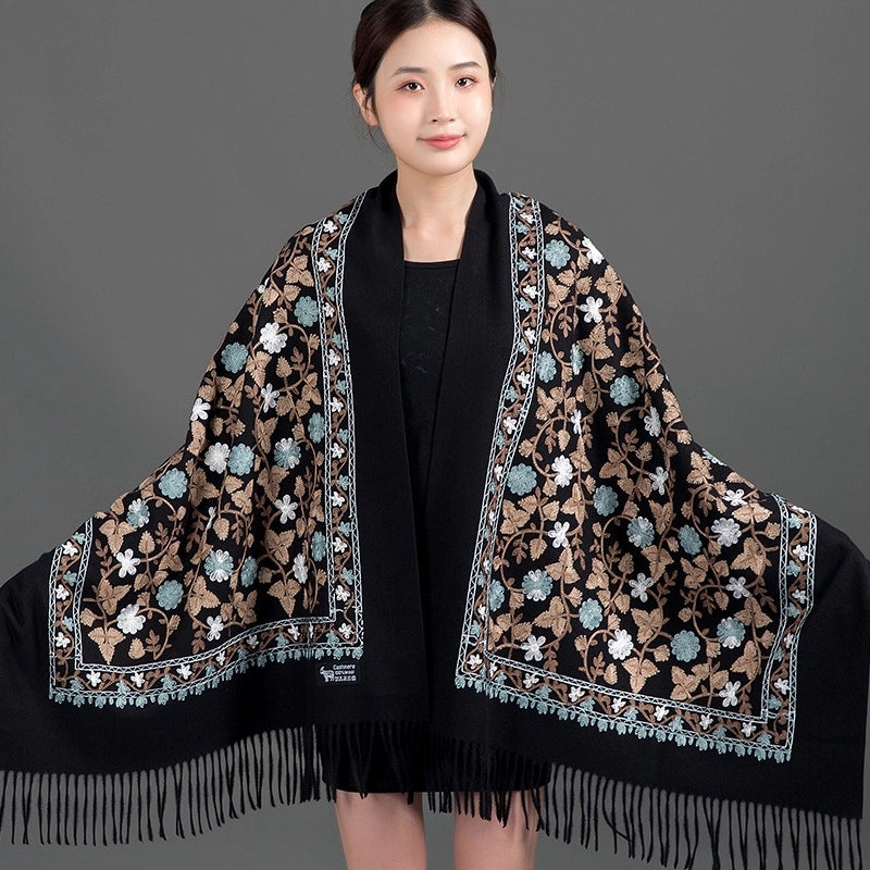 Embroidered Imitation Wool Cashmere Scarf Women's Autumn And Winter Cheongsam Air Conditioning Shawl Summer Outer Wear Multi-purpose Mother Style