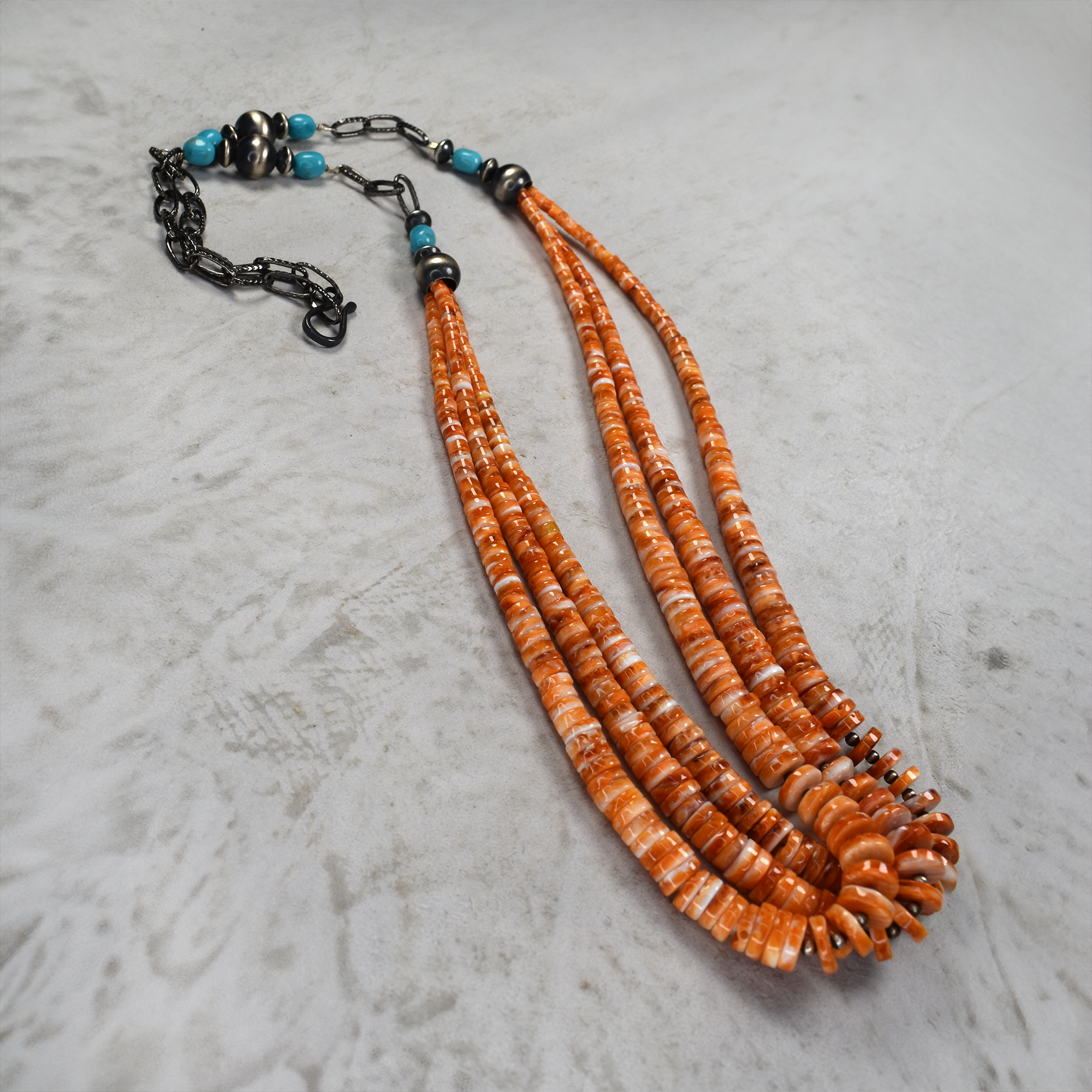 Zia Mountain Three Strand Spiny Oyster Necklace with Pillow Bead Chain