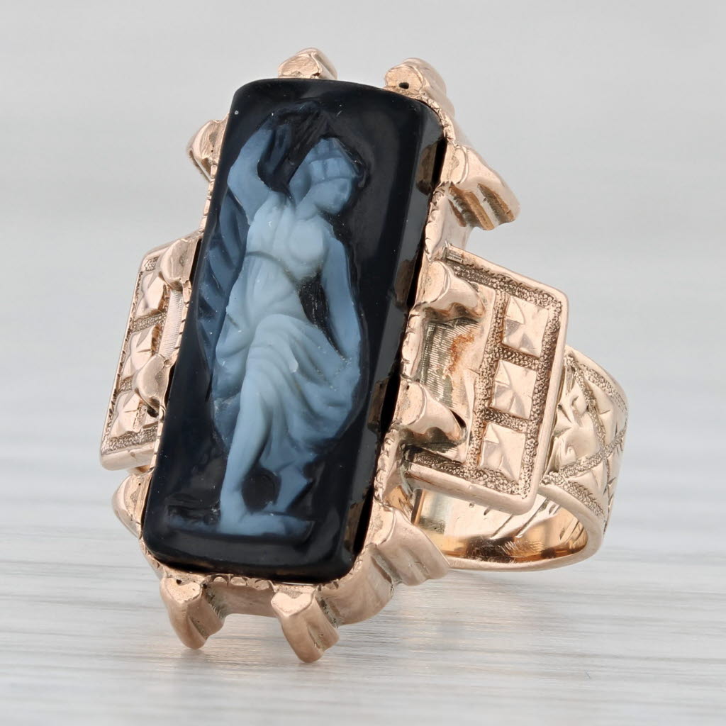 Victorian Carved Figural Black White Chalcedony Cameo Ring 10k Gold Size 4.5