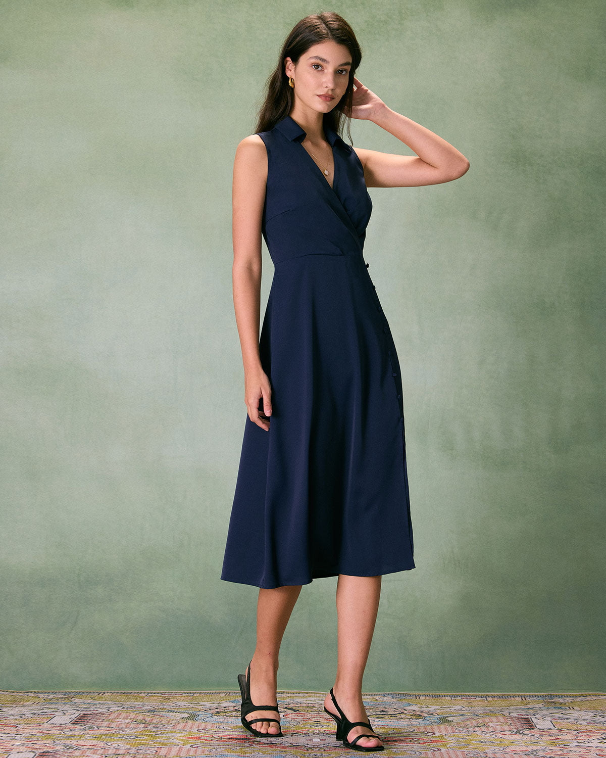 The Navy Collared Ruched Sleeveless Midi Dress