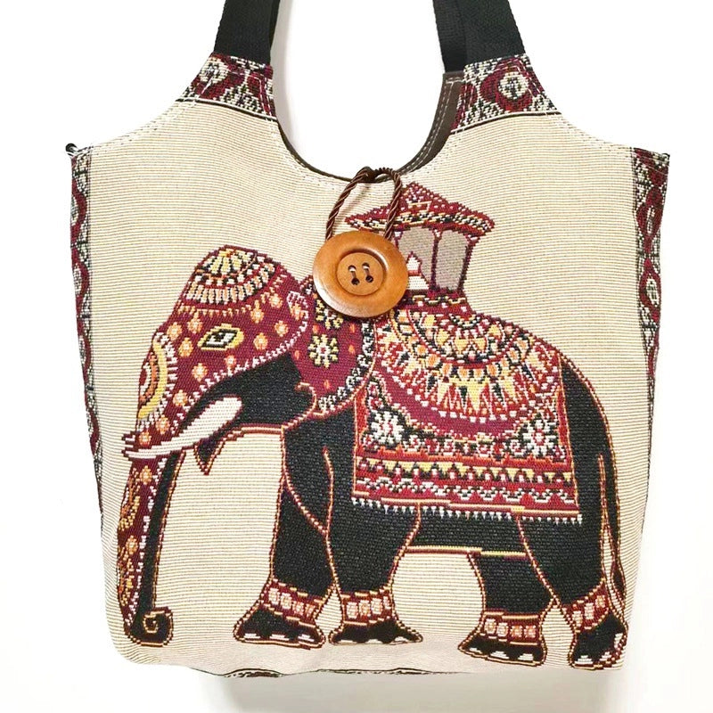 Women's Large Canvas Elephant Ethnic Style Square Zipper Shoulder Bag
