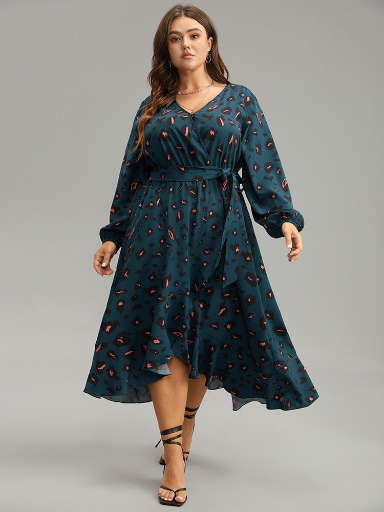 Allover Print Surplice Neck Flutter Trim Dress