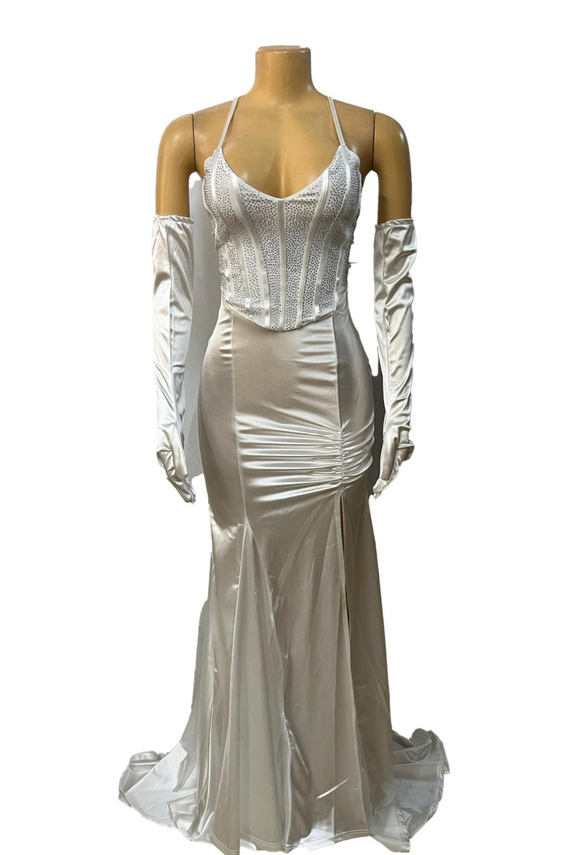 Sexy Formal Solid Color Sequins Patchwork Backless Slit Spaghetti Strap Long Dresses (With Sleeves)