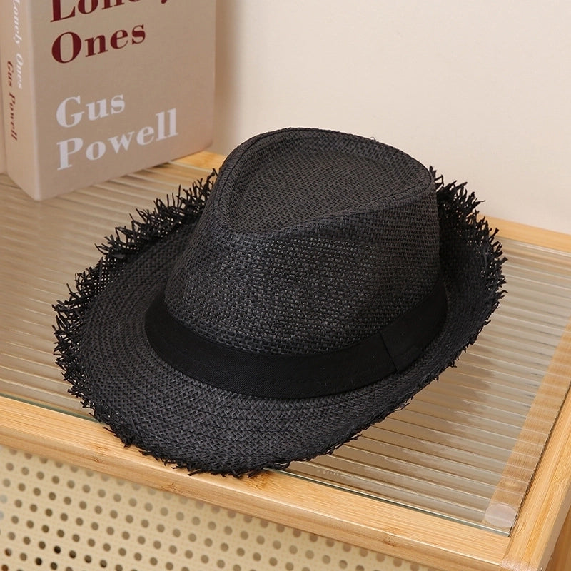 Men's Minimalist Solid Color Straps Crimping Straw Hat
