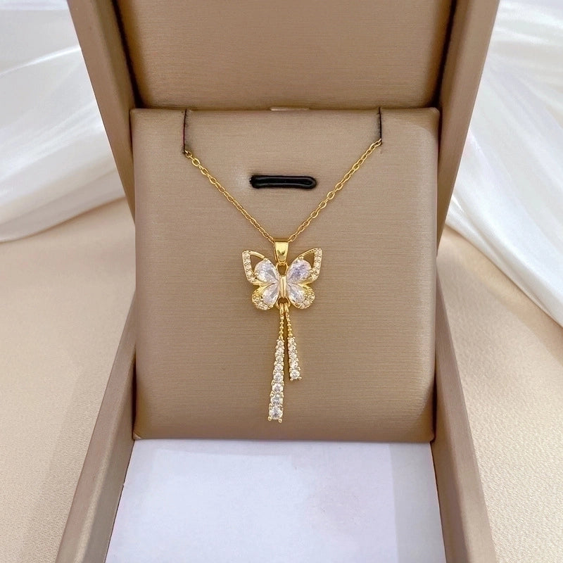 Minimalist Butterfly Titanium Steel Copper Plating Inlay Zircon Pendant Necklace