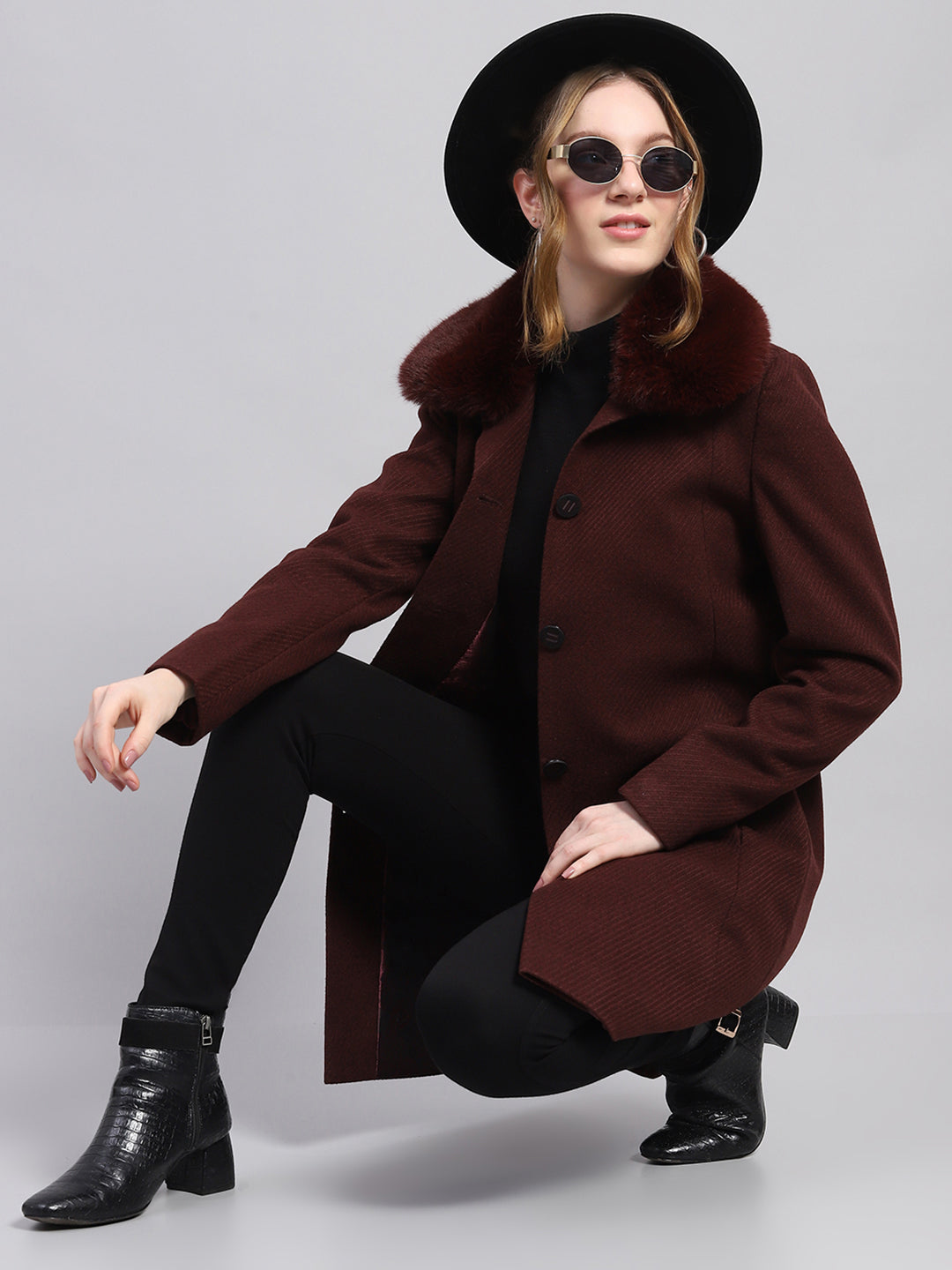 Women Maroon Self Design Notch lapel Collar Full Sleeve Coat