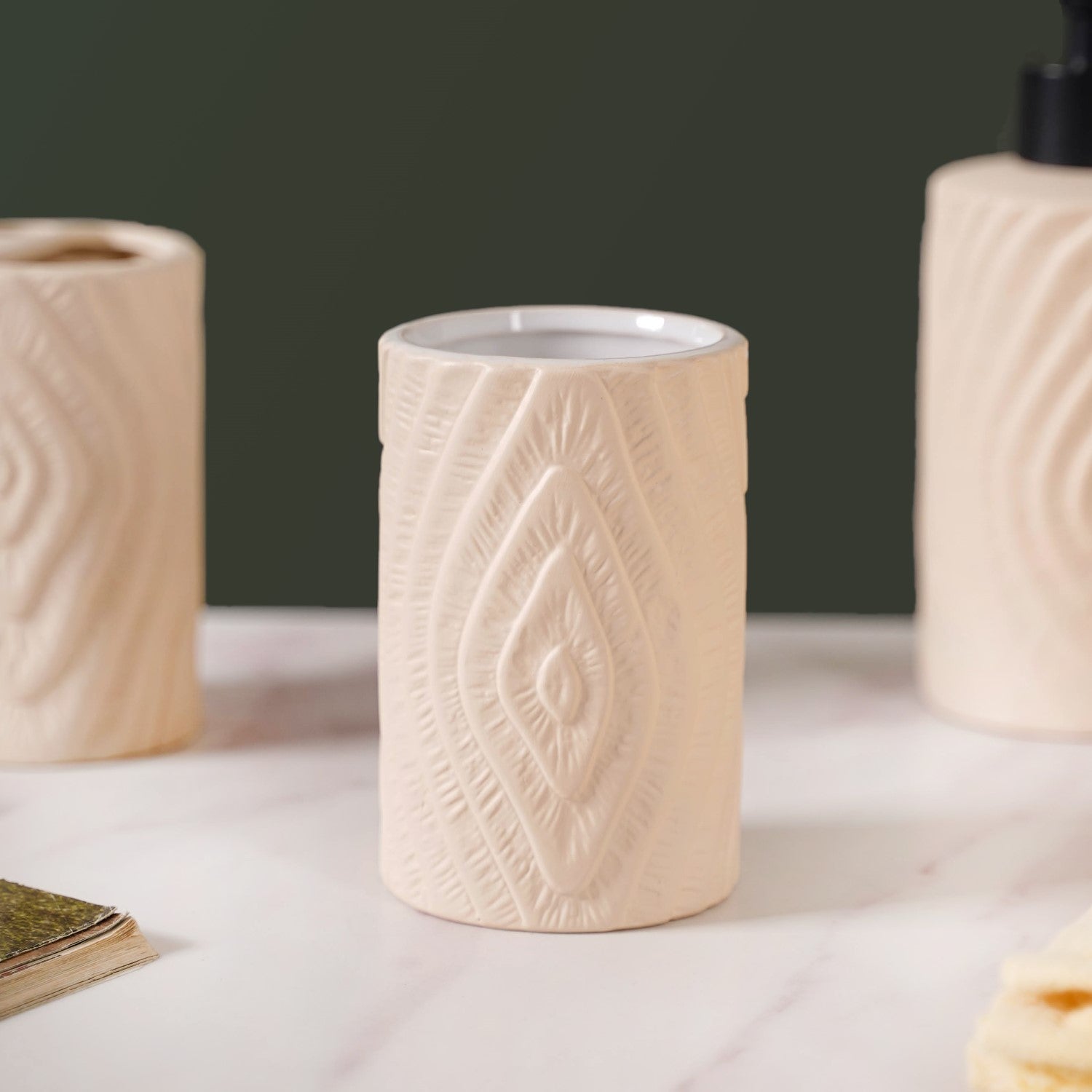 Textured Bathroom Accessories Set Of 3 Beige