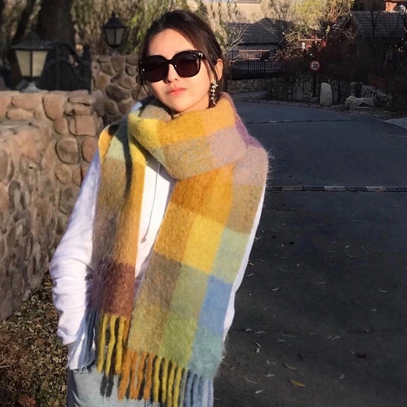 Rainbow Plaid Scarf Women's Autumn And Winter Thickened Mohair Student Couple Contrast Color Matching Thickened