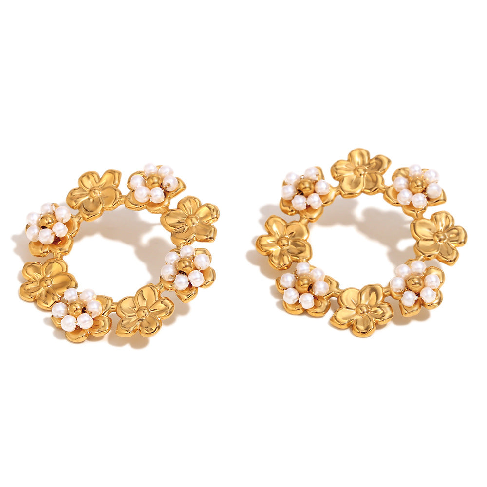 Niche Colorful Flower Hoop Earrings Stainless Steel 18K Gold Plated French Malachite Earrings