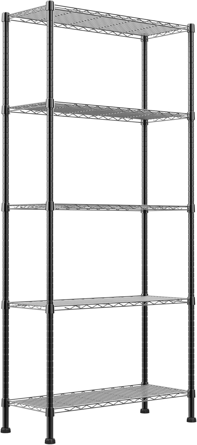 REGILLER 5-Wire Shelving Metal Storage Rack Adjustable Shelves,Standing Storage Shelf Units for Laundry Bathroom Kitchen Pantry Closet(Black,11.8