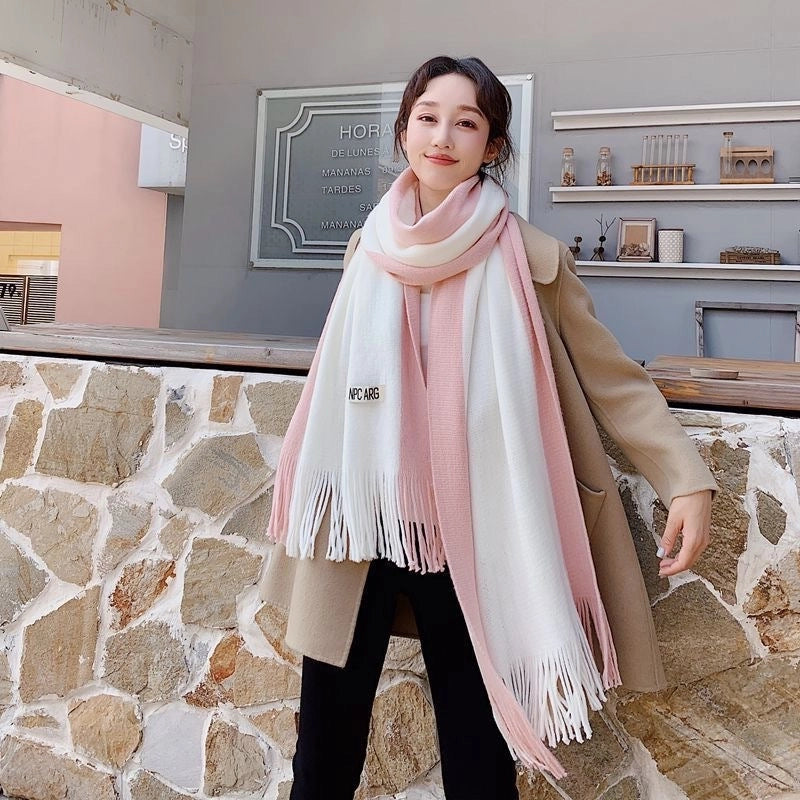 New Contrast Color Fashion Imitation Cashmere Scarf Women's Long Warm Student Scarf Tassel Couple's Shawl