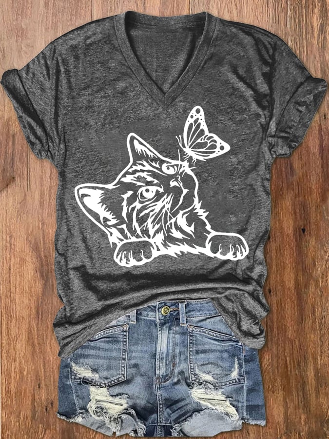 Women's Cute Cat with Butterfly Print V-Neck T-Shirt