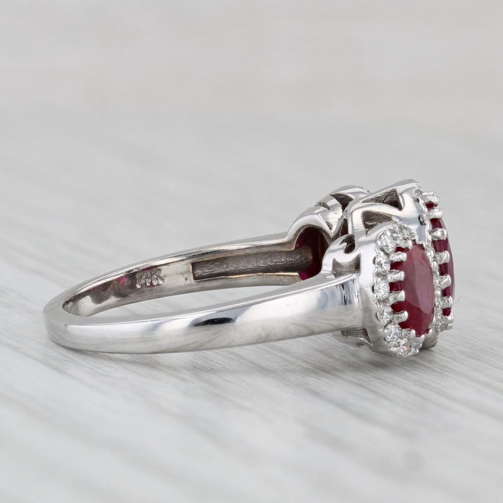 2.22ctw Ruby 3-Stone Diamond Halo Ring 14k White Gold Size 5.75