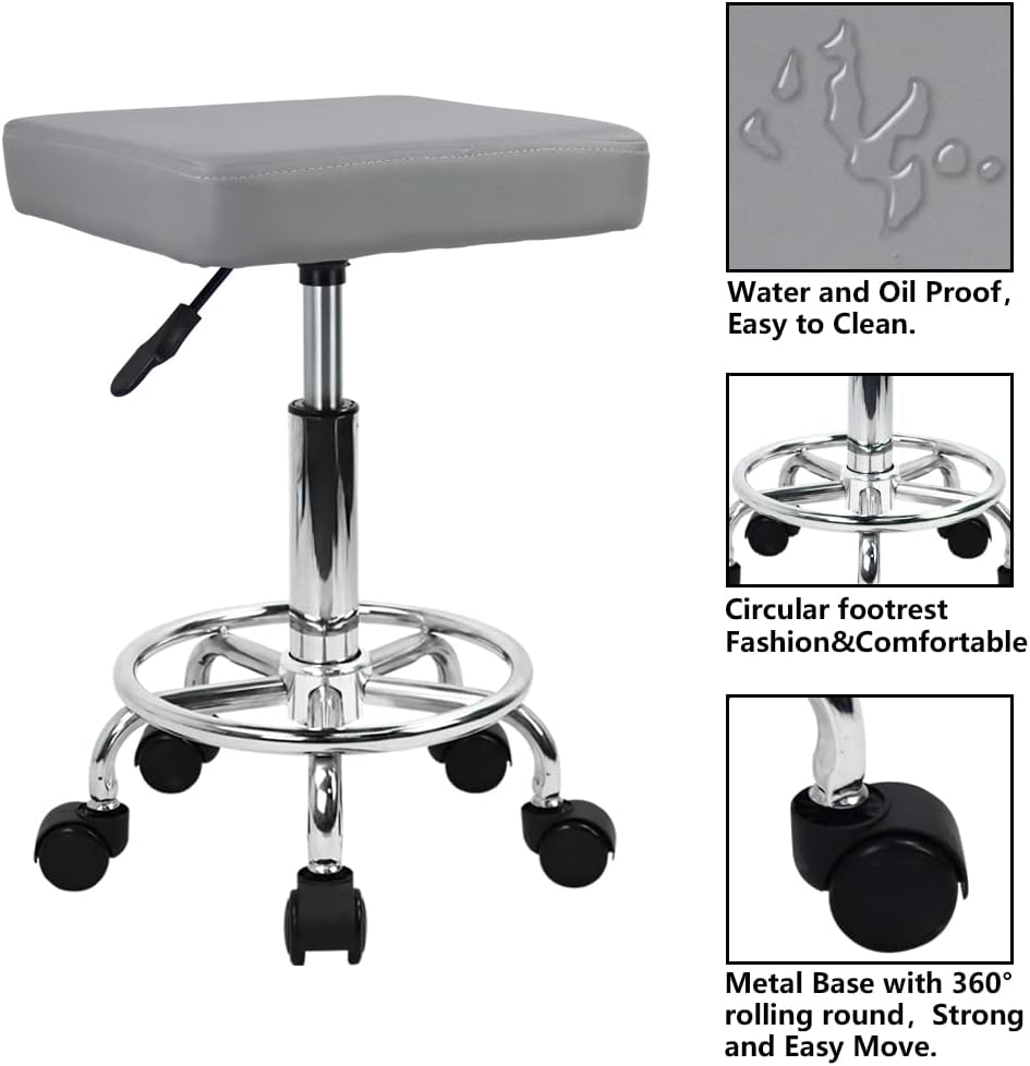 Square Rolling Stool with Foot Rest PU Leather