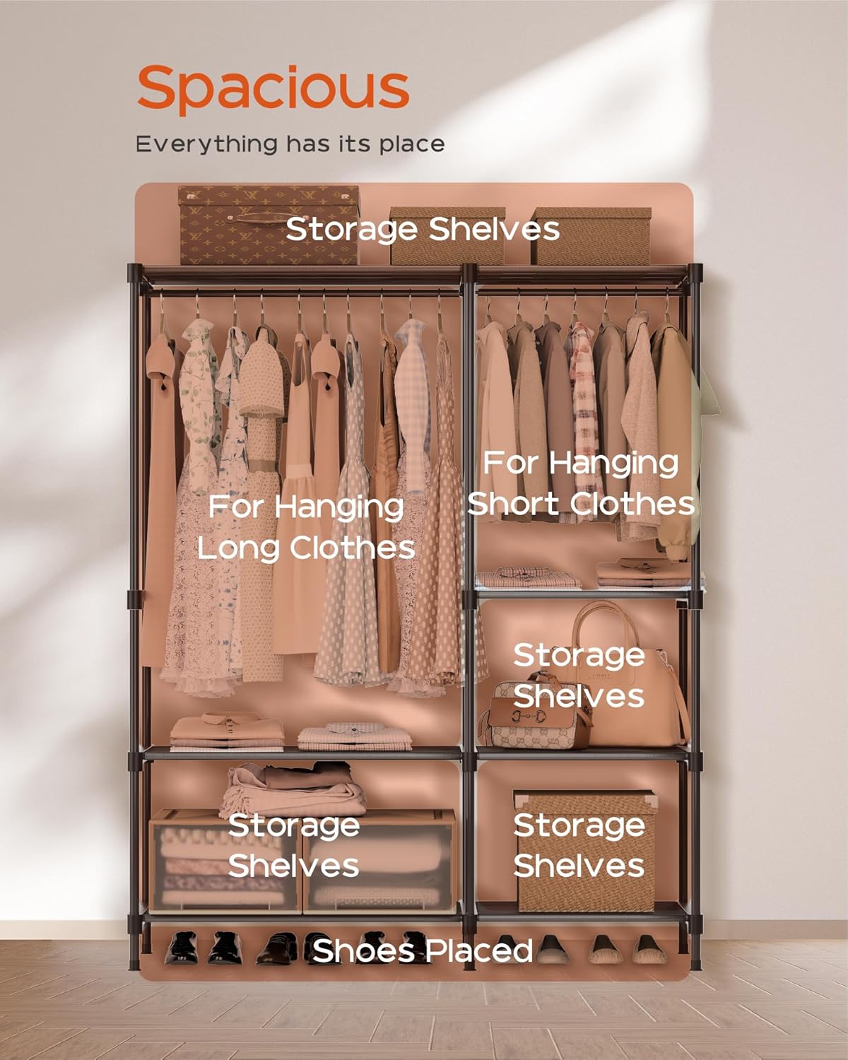 Clothes Rack, Portable Closet, 54.3 Inch Large Capacity Wardrobe Closet, Clothes Storage Organizer with Shelves and 3 Hanging Rods, Easy to Assembly, Black PCT022B01