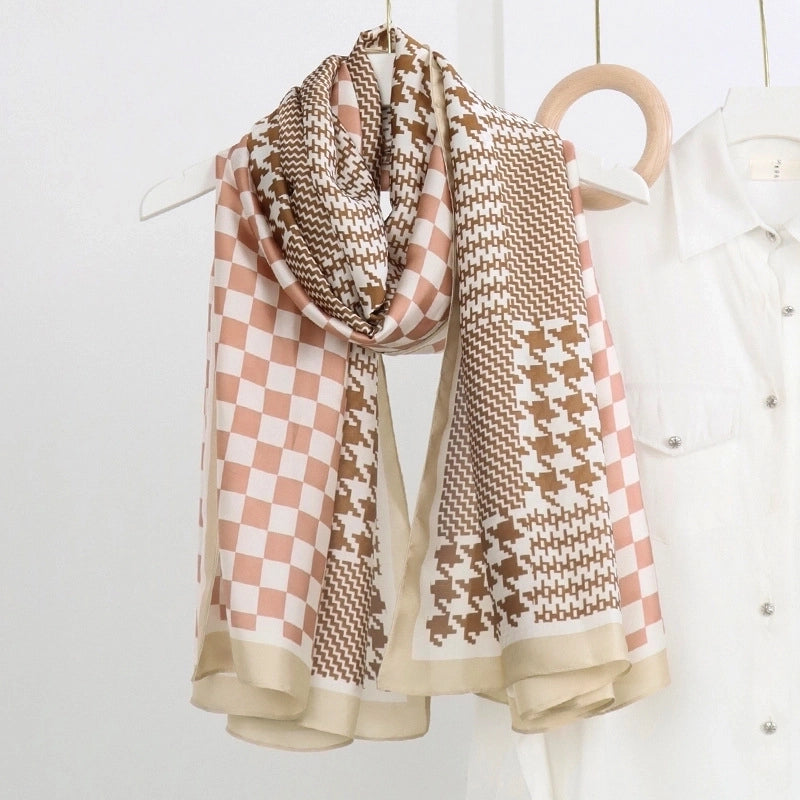 Women's Fashion Letter Plaid Satin Printing Silk Scarves