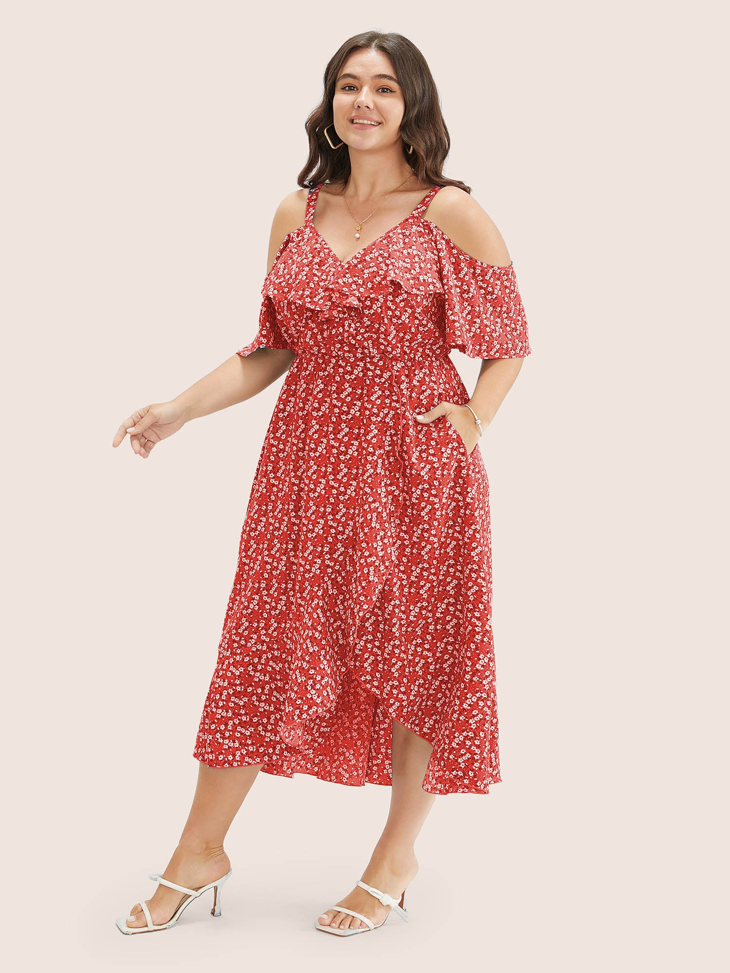 Ditsy Floral Pocket Wrap Cold Shoulder Ruffle Dress