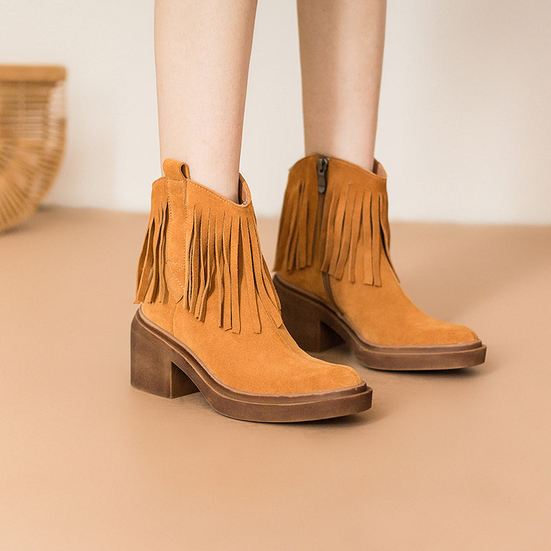 Western R Toe Cowgirl Boots With Tassels Handmade Suede Ankle Boots in Black/Brown