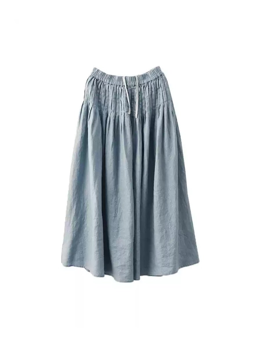 Women Summer Pure Color Shirred 100%Linen Skirt