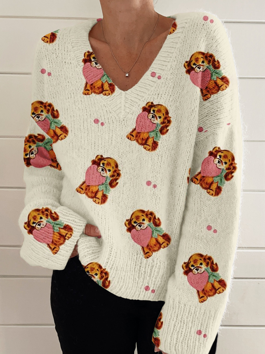 Dog Art Print V-Neck Sweater