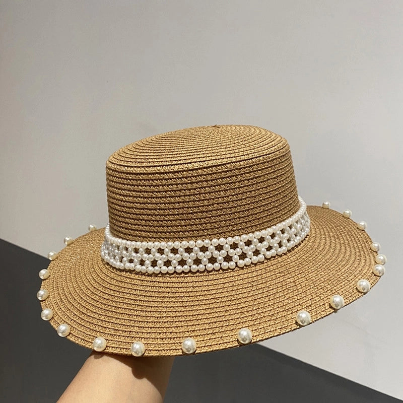 Summer Retro Large Brim Sunscreen Pearl Straw Hat
