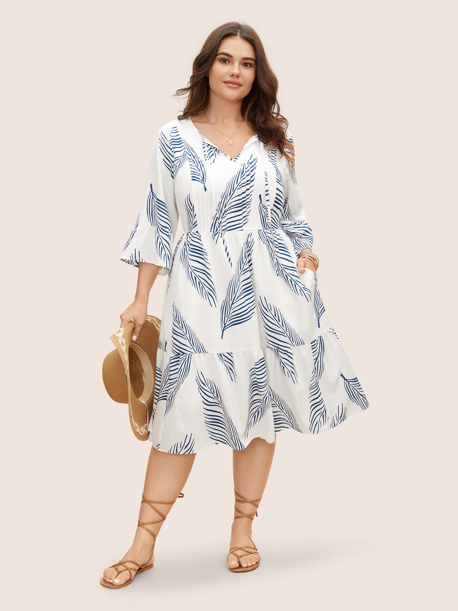 Tropical Print Tucked Seam Tie Knot Dress