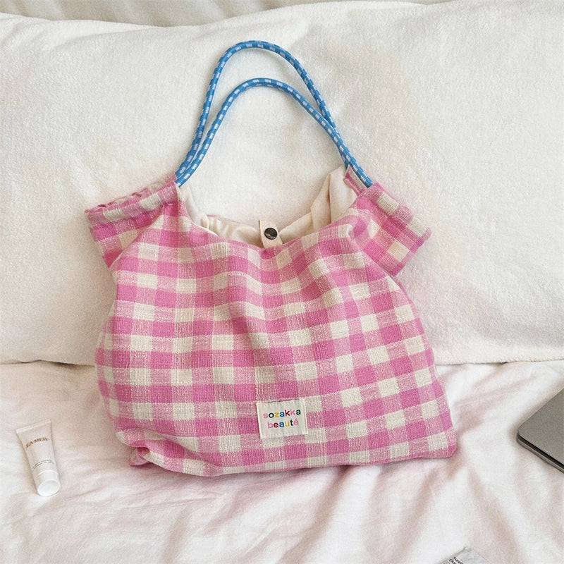 Women's Medium Canvas Plaid Basic Vintage Style Square Open Tote Bag