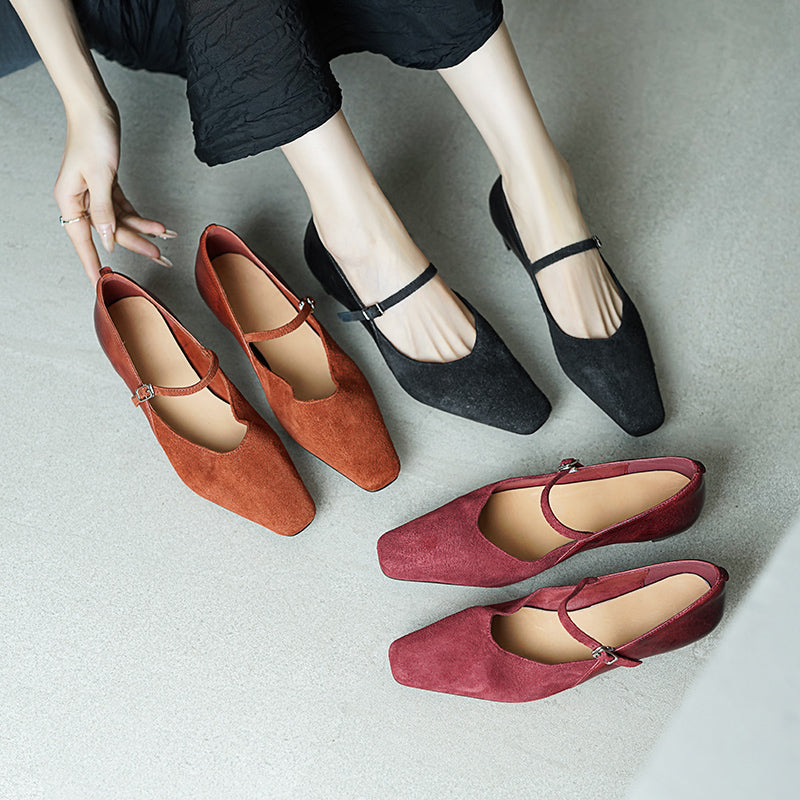 Elegant Washed Horsehide Nubuck Mary Jane Shoes Buckle Strap Causal Pumps in Red/Black/Caramel