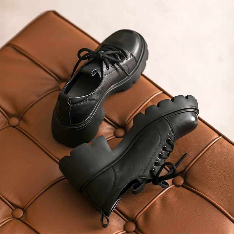 British Style 55mm Chunky Platform Oxford Shoes Cow Leather Lace-Up Loafers in Black/Brown