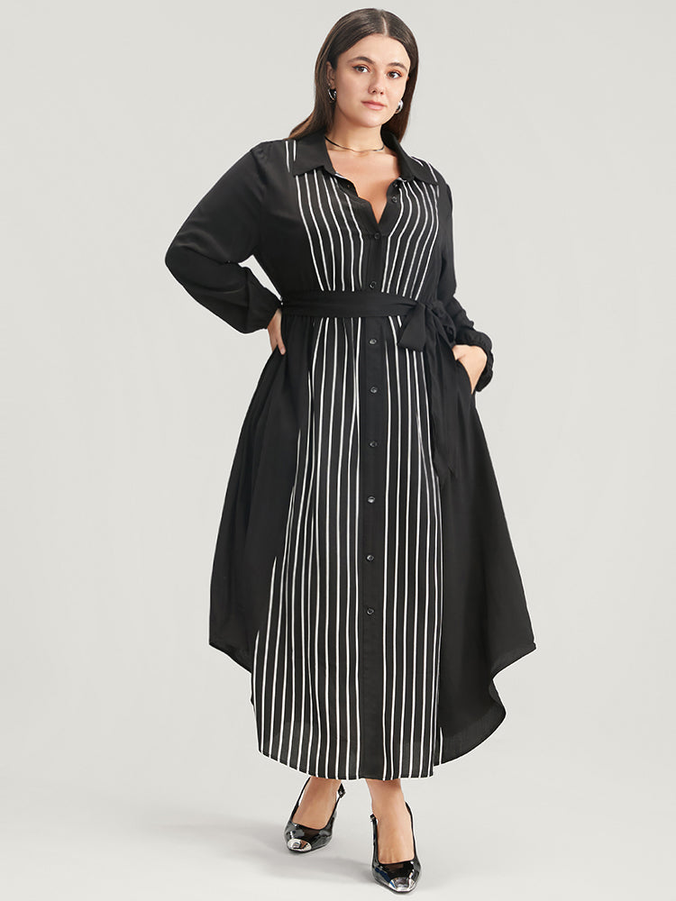 Striped Contrast Pocket Button Detail Belted Dress