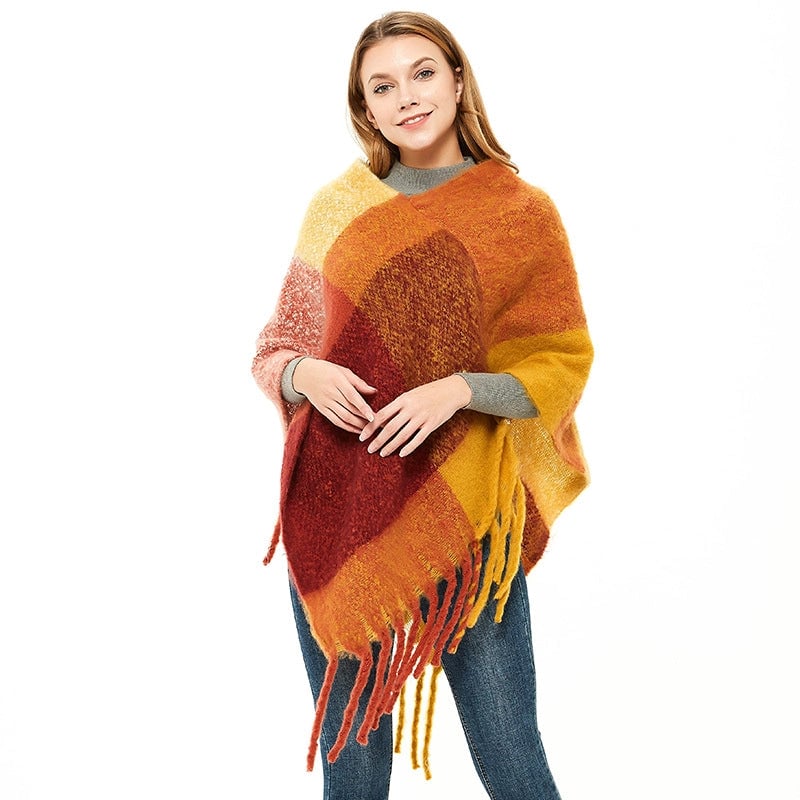 Hot Style New Autumn And Winter Women's Shawl Thick Tassel Loop Yarn Large Plaid Cloak