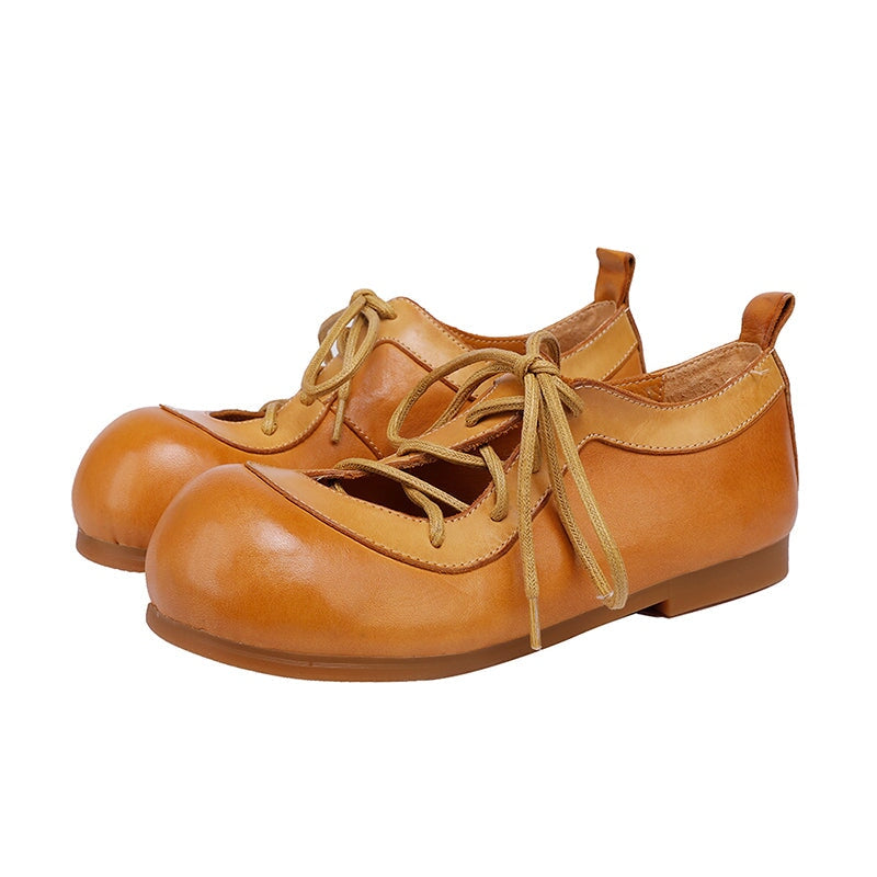 Vintage Big Toe Washed Cowhide Lace-Up Mary Jane Flats Shoes in Camel/Khaki