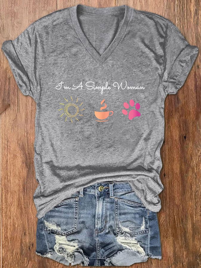Women's I'm A Simple Woman Sunshine Coffee Paw Dog V-Neck T-Shirt