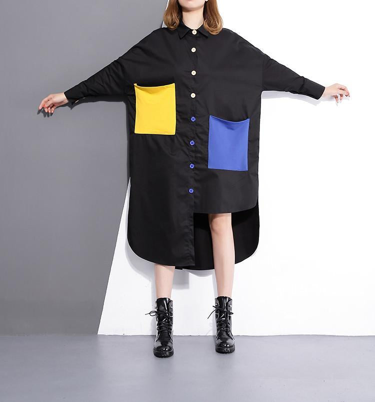 Asymmetrical Yellow And Blue Button Up Shirt Dress